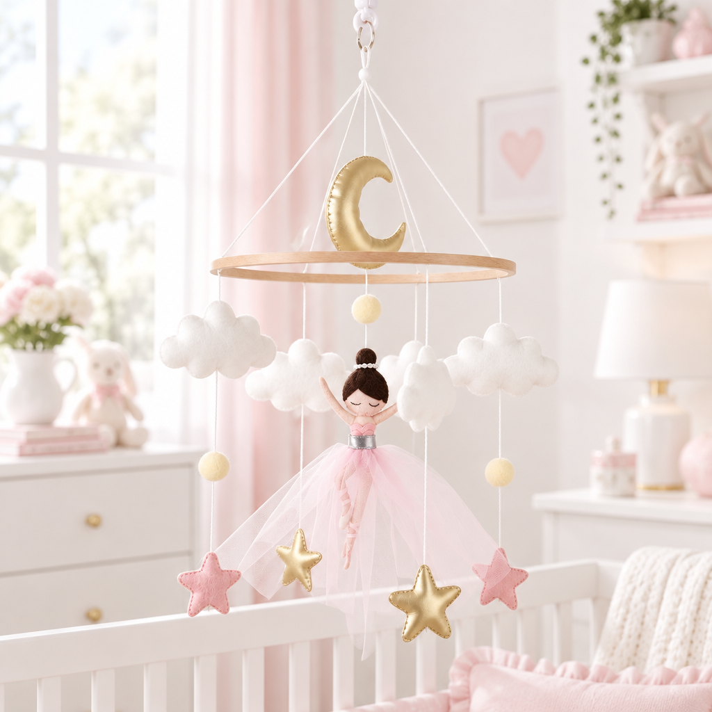 Ballerina, Moon &amp; Stars Felt Cot Mobile - Pink &amp; Gold