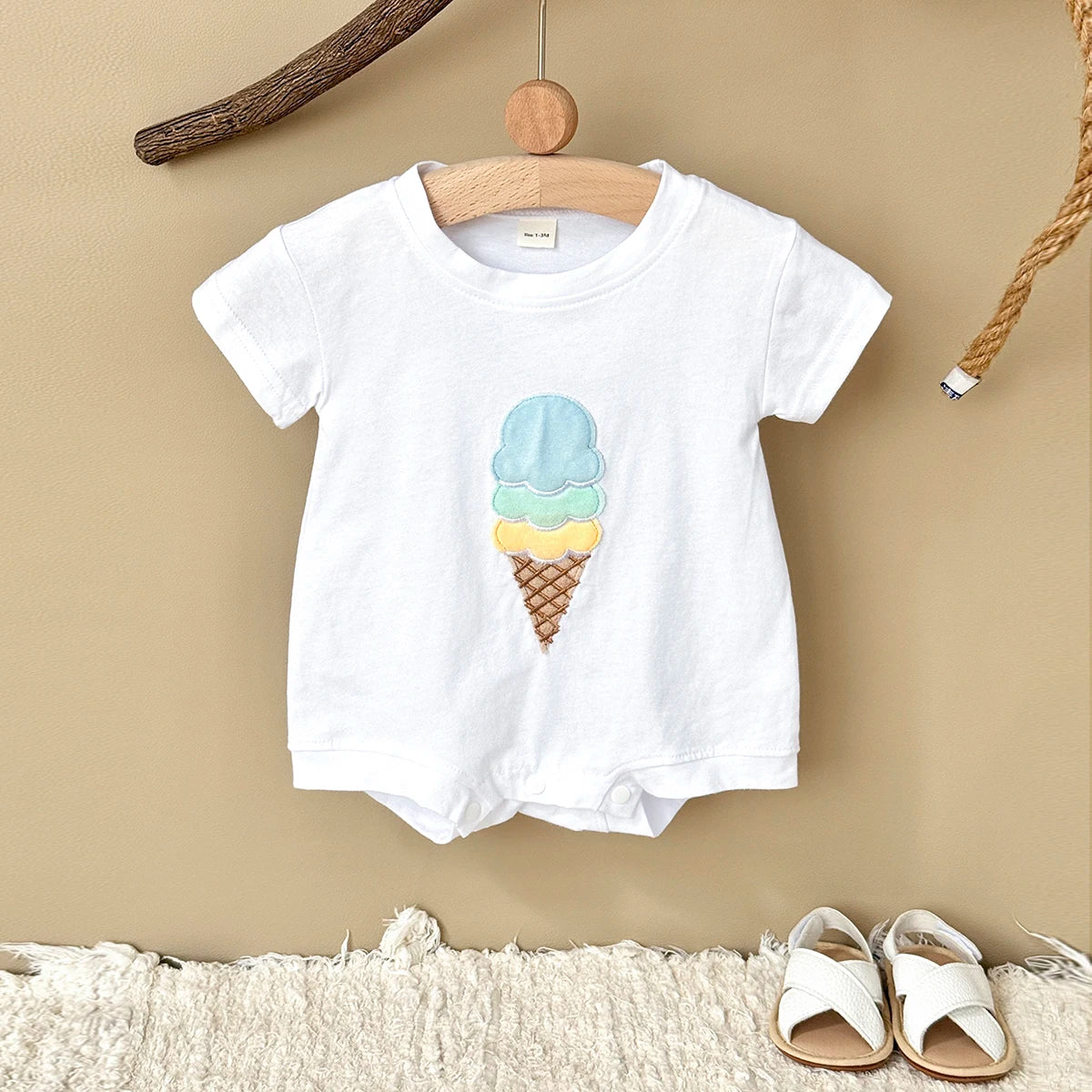 - Ice Cream Embroidered Baby Romper – 100% Cotton Bodysuit Baby Stork
