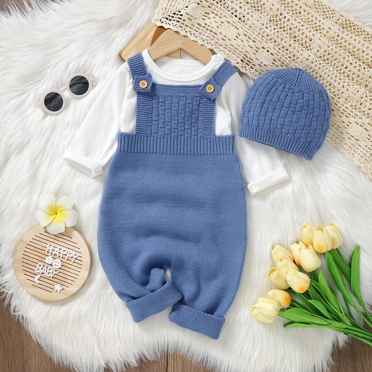 - Knit Baby Overalls & Hat Set Baby Stork