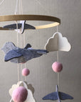 - Birds & Clouds Felt Baby Mobile – Handmade Nursery Hanging with Pink Wool Balls and Wooden Ring Baby Stork Baby Mobile