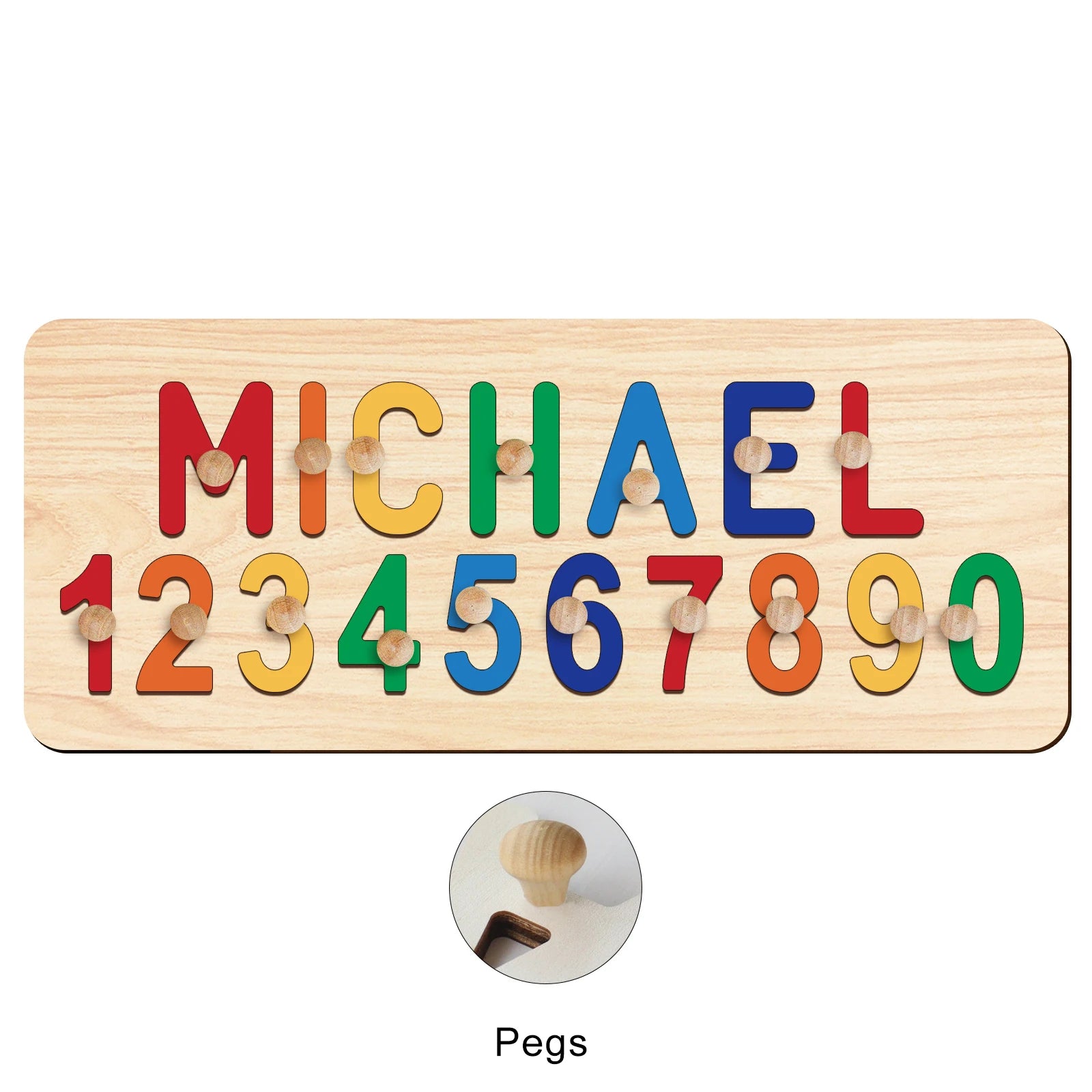 Classic Rainbow With Pegs - Custom Wooden Name &amp; Number Puzzle – Personalised Educational Toy Baby Stork