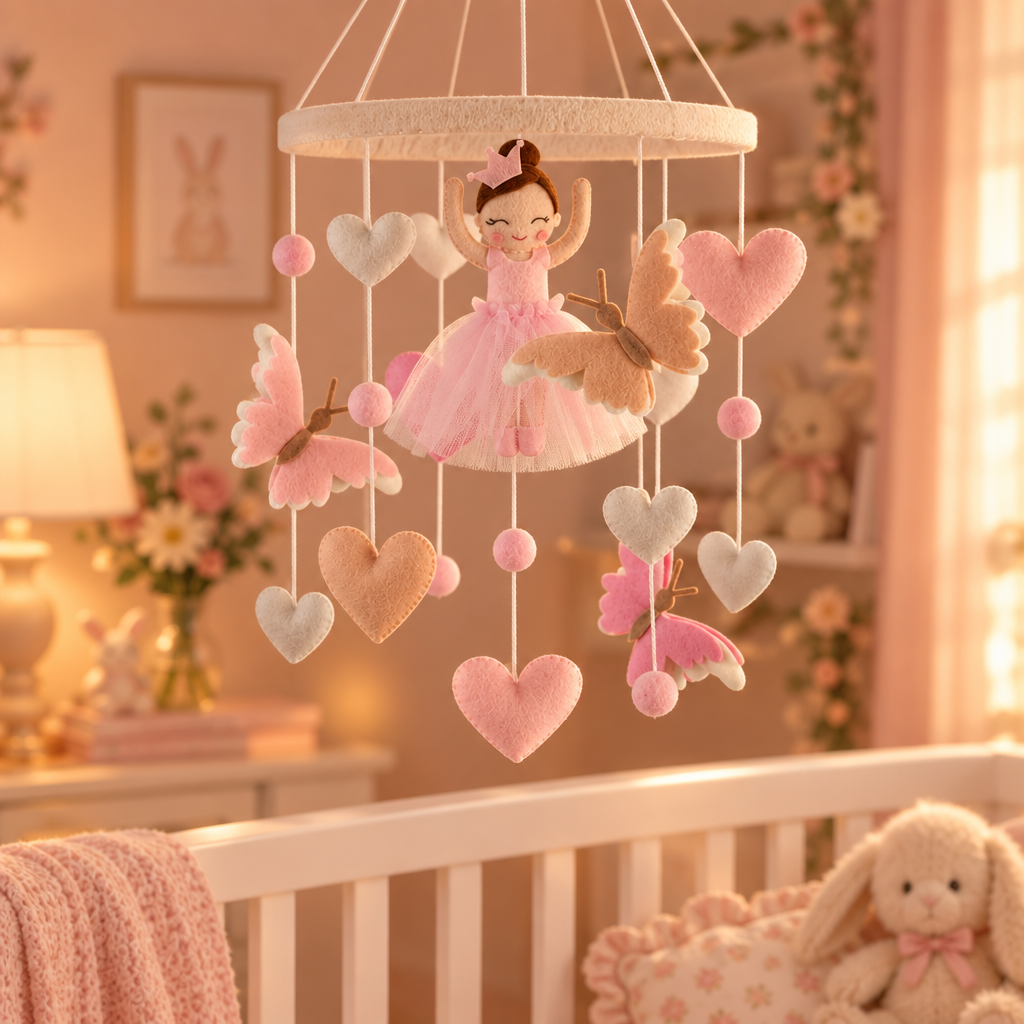 Ballerina Felt Cot Mobile with Butterflies &amp; Hearts - Pink