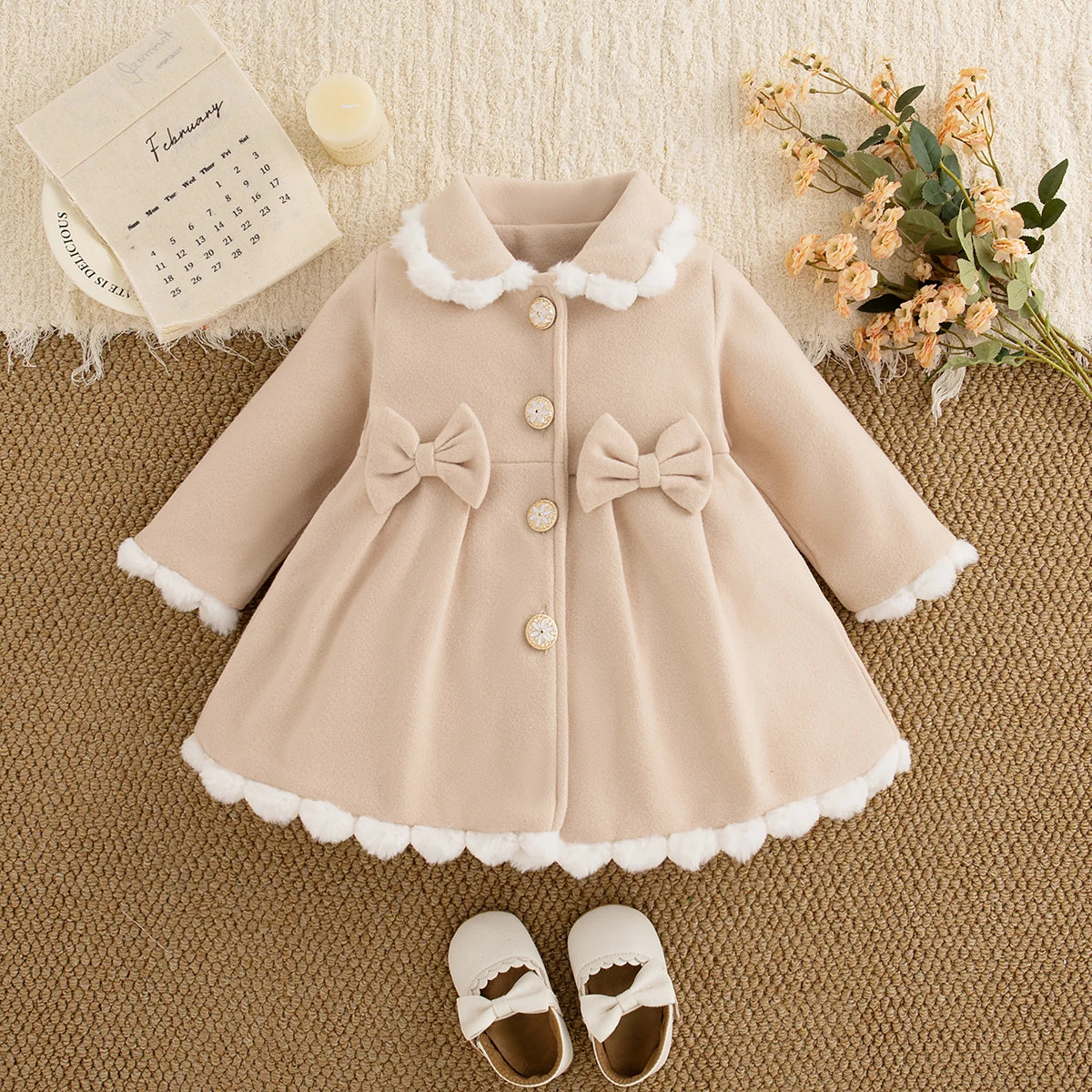Beige - Baby Girls Bow Winter Coat Baby Stork