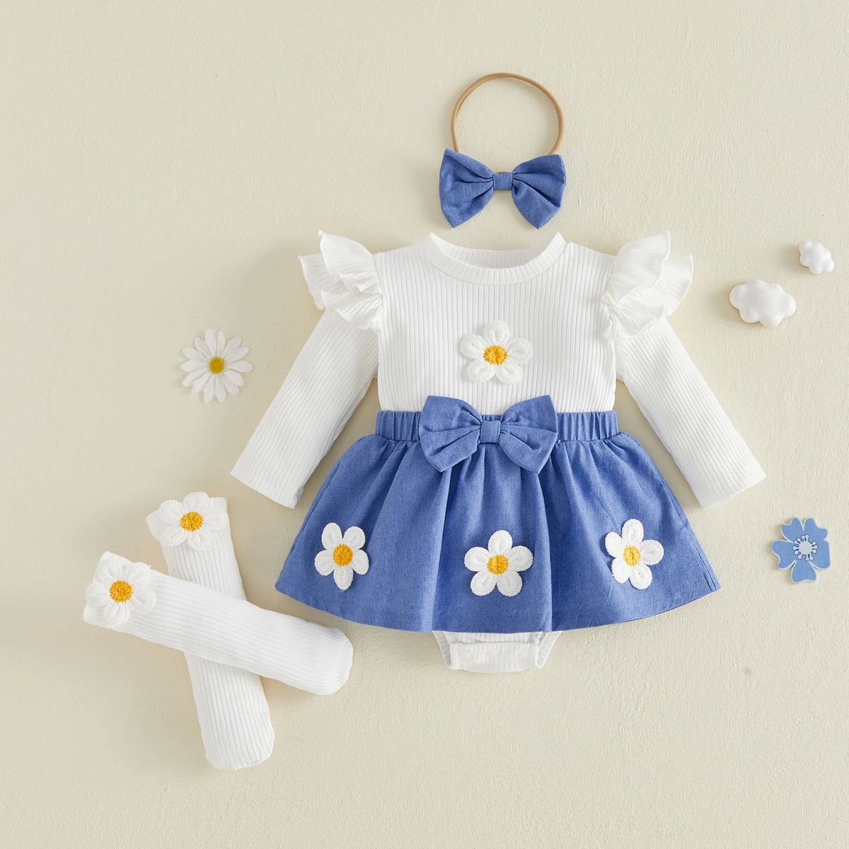 Floral Romper Dress Set with Headband &amp; Socks