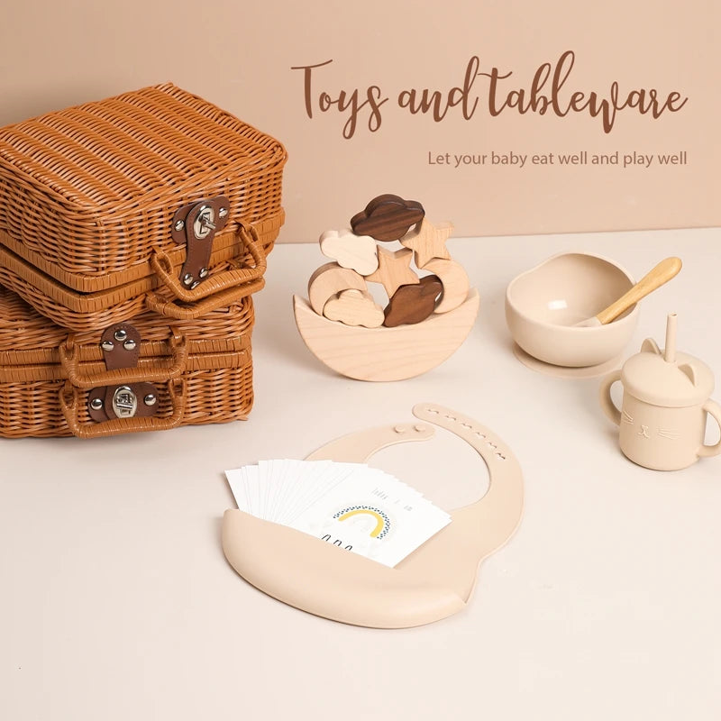 - Neutral Baby Keepsake Hamper | Wicker Suitcase Gift Set with Silicone Feeding Essentials, Wooden Balancing Toy & Milestone Cards Baby Stork Gifting