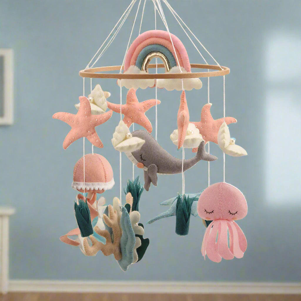 - Rainbow Ocean Baby Mobile – Handmade Felt Cot Mobile with Whale, Jellyfish & Starfish Baby Stork