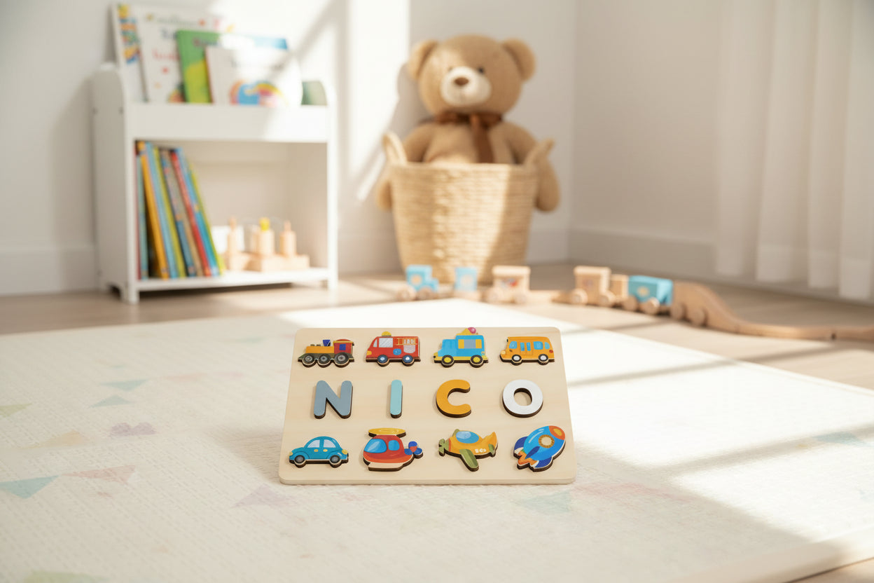 - Personalised Wooden Name Puzzle – Transport Adventures Edition (Up to 9 Letters) Baby Stork Puzzles