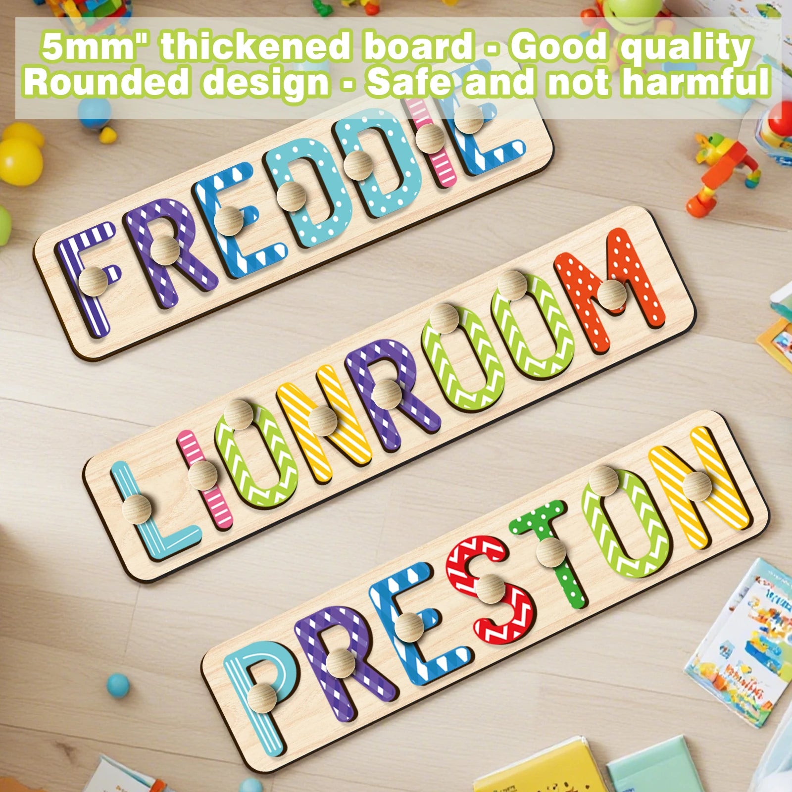 - Custom Wooden Name Puzzle with Pegs – Colourful Letters Baby Stork