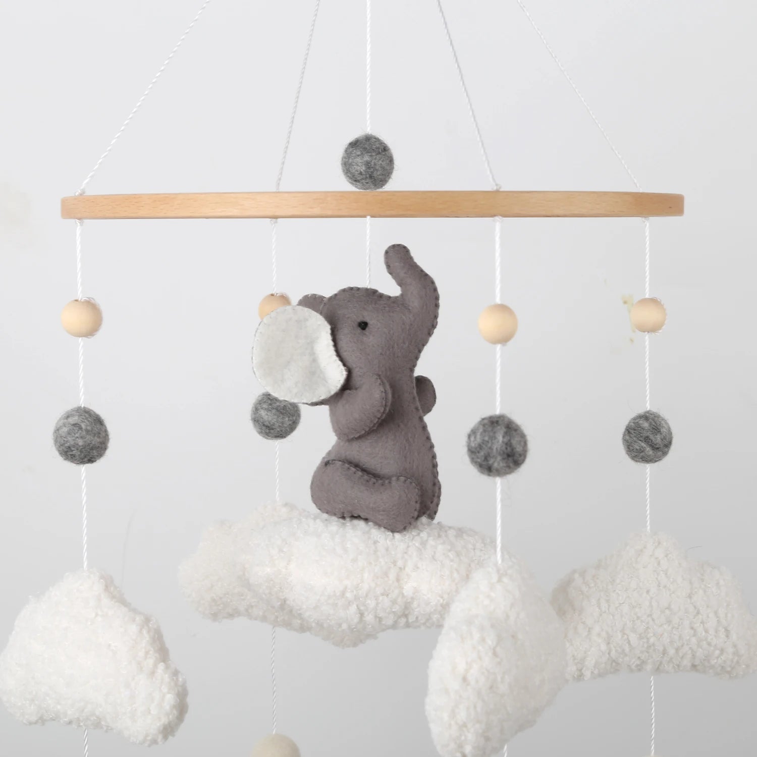 Elephant Baby Mobile with Bouclé Clouds | Neutral Nursery Decor
