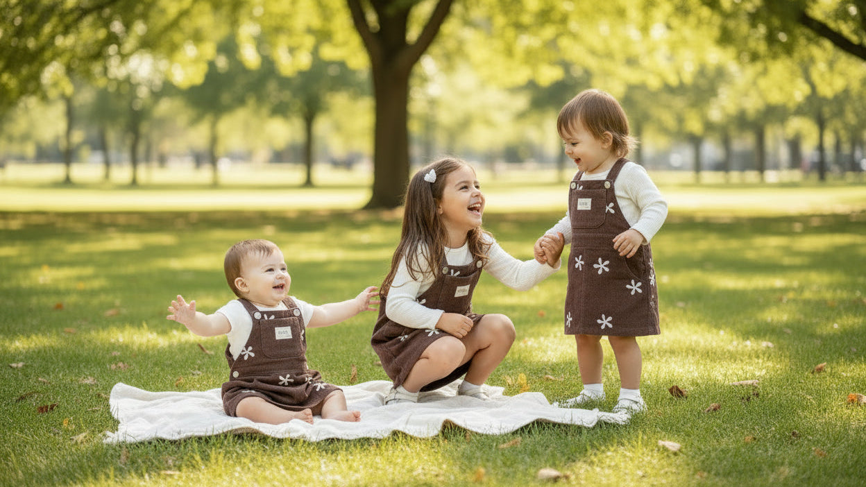 - Chocolate Corduroy Overall Dress – Embroidered Daisy Pinafore Baby Stork
