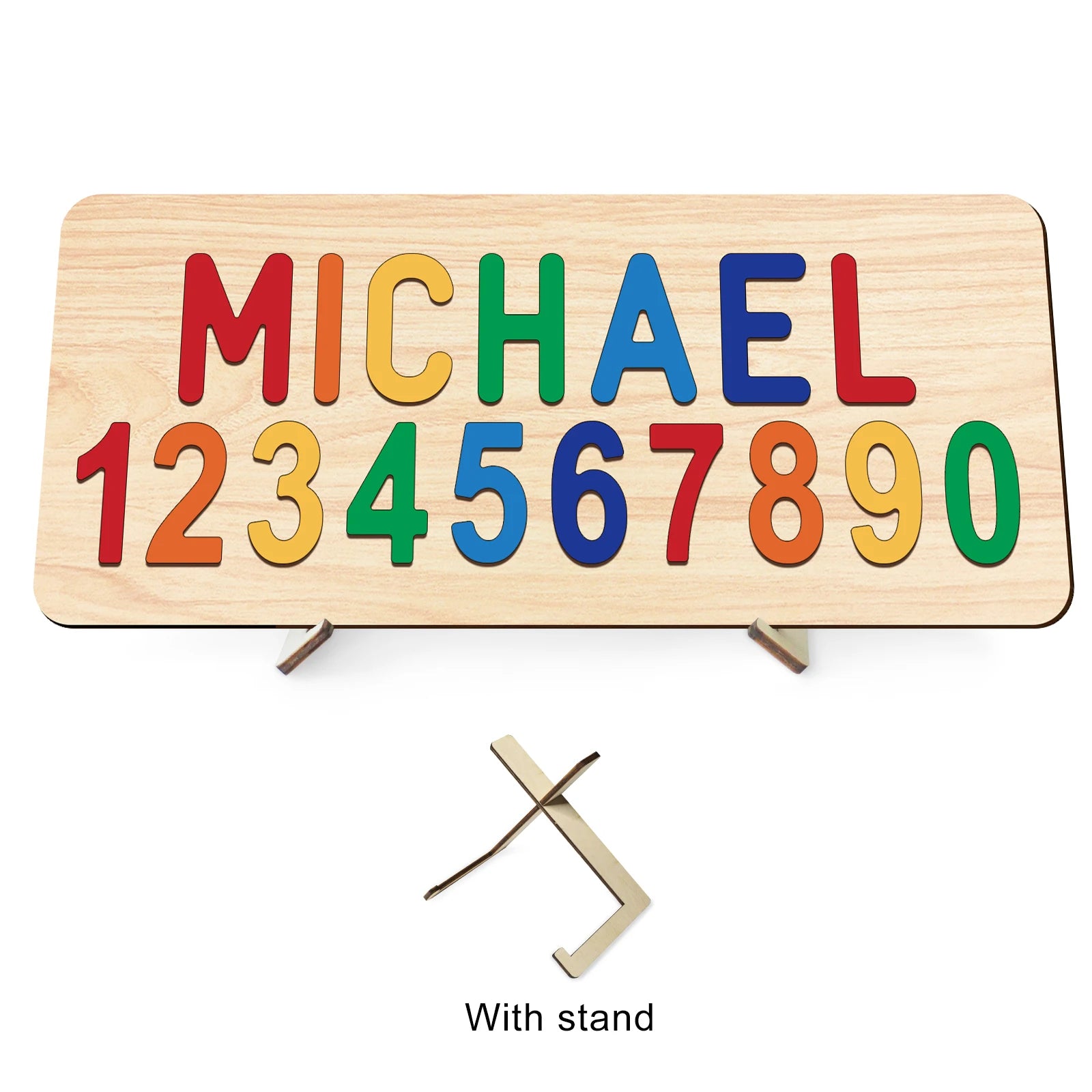 Classic Rainbow With Stand - Custom Wooden Name &amp; Number Puzzle – Personalised Educational Toy Baby Stork
