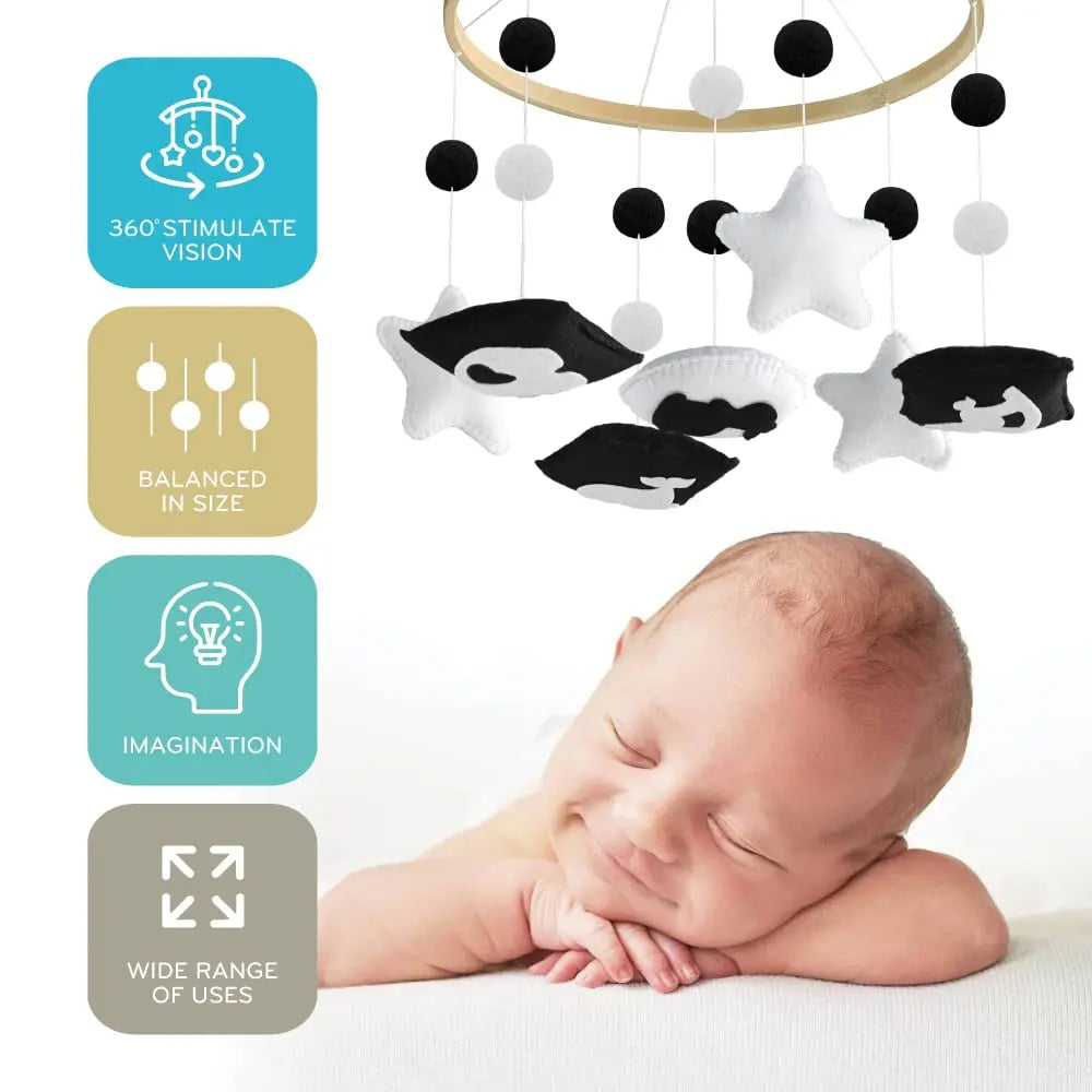 - High Contrast Black & White Baby Mobile – Sensory Newborn Nursery Cot Mobile Baby Stork Baby Mobile