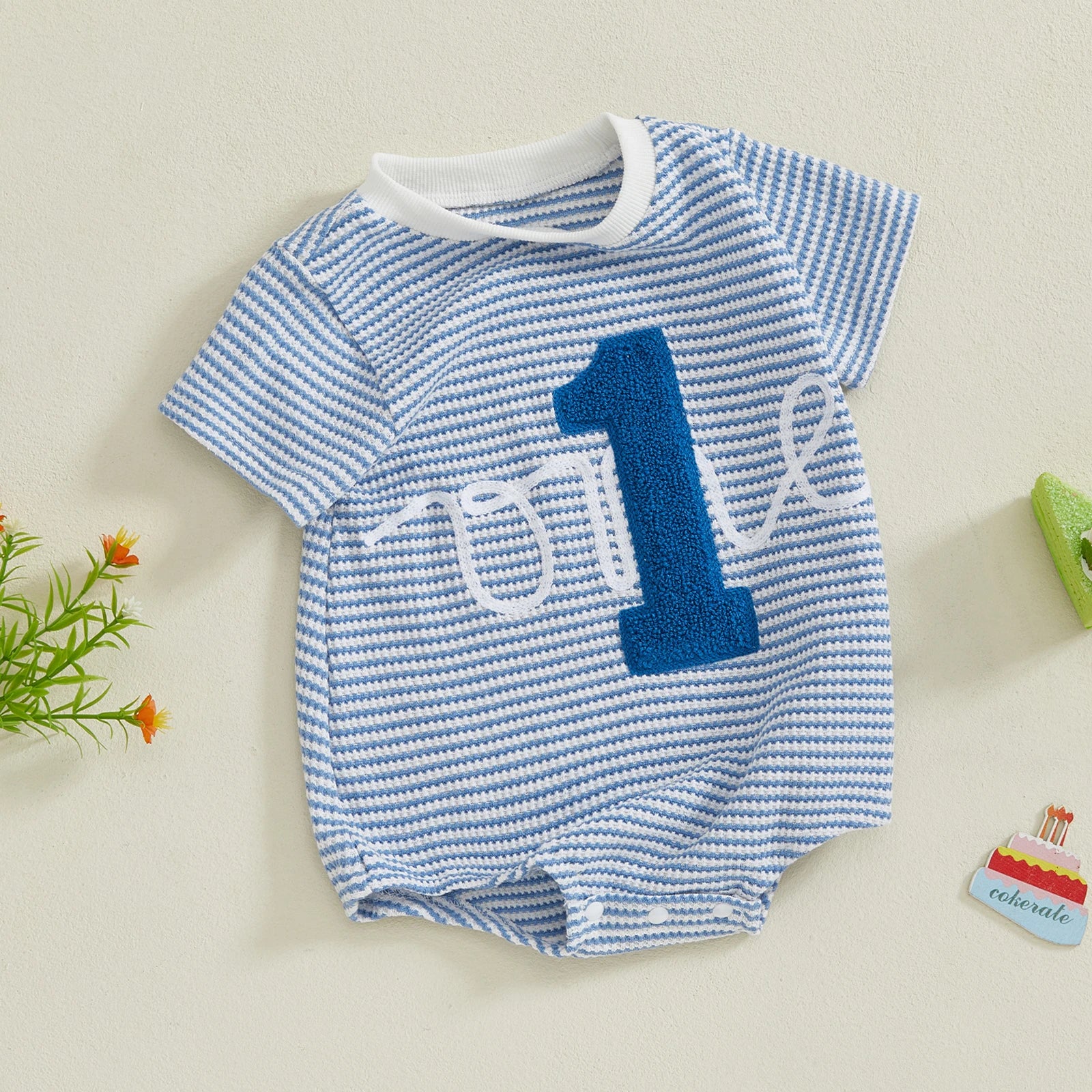 - “One” First Birthday Romper Baby Stork