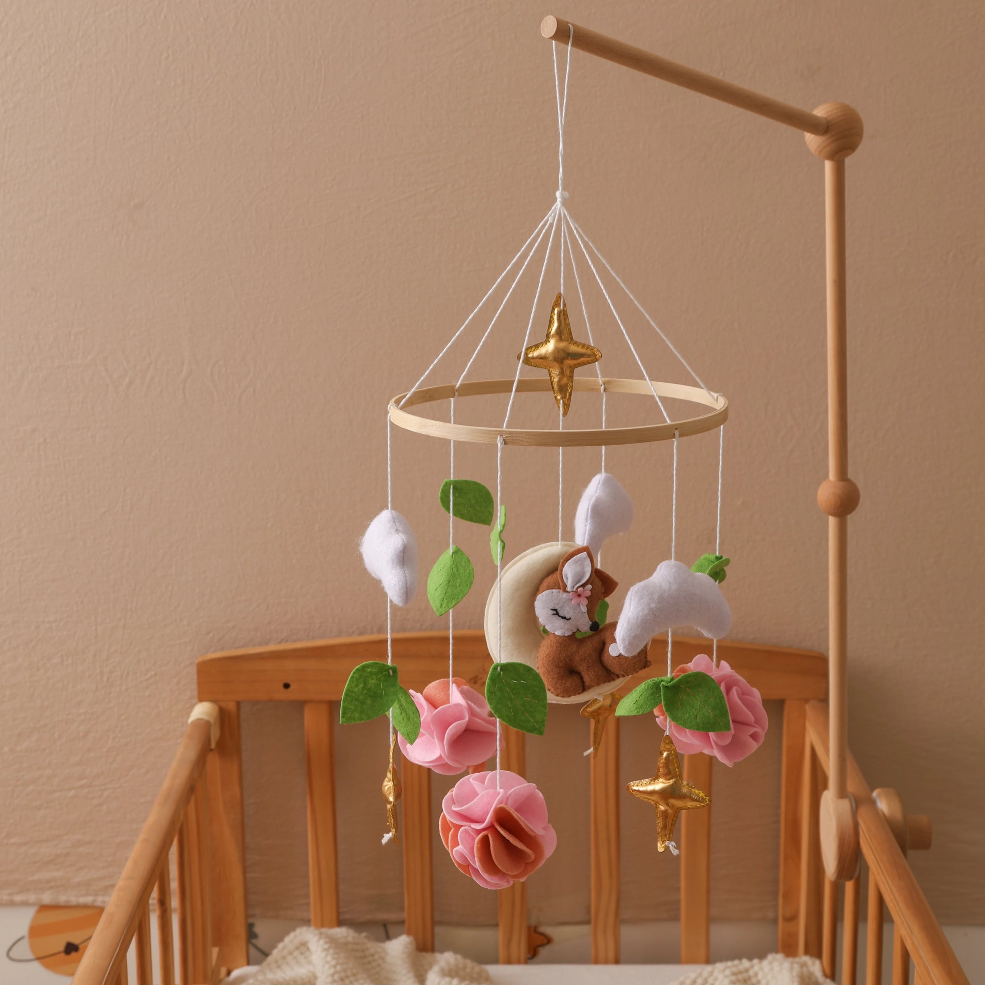 - Floral Deer Baby Mobile – Handmade Felt Cot Mobile with Flowers & Stars Baby Stork