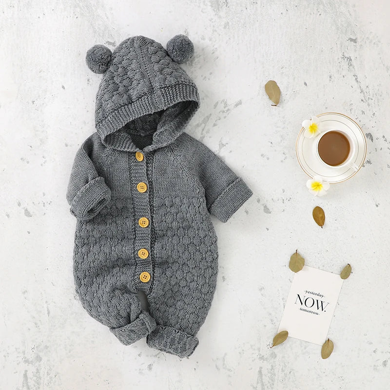 Grey - Baby Bear Hooded Knit Jumpsuit Baby Stork