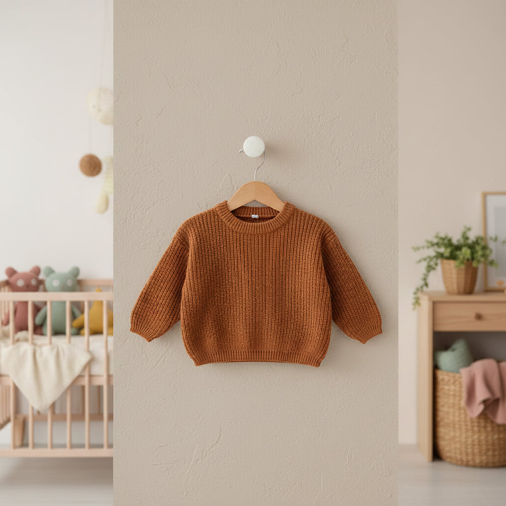 Brown - Personalised Baby Name Knit Sweater with Floral Accent Baby Stork