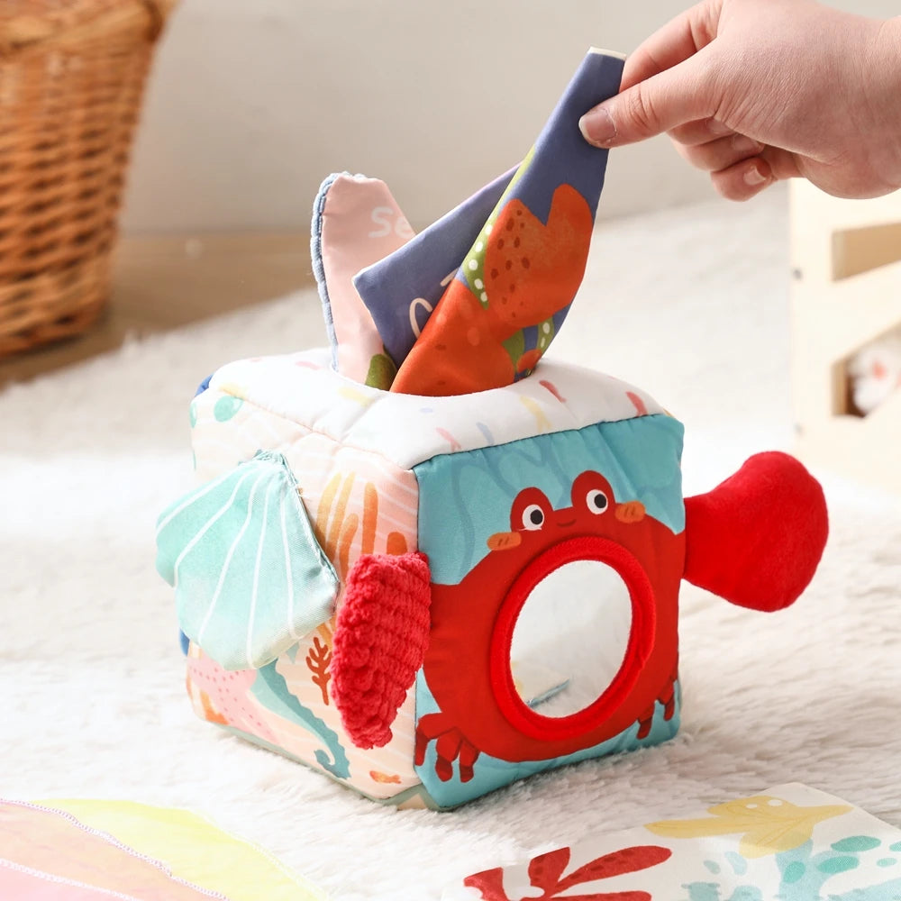 - Under the Sea Sensory Tissue Box Toy with Wooden Teether | Montessori Baby Activity Cube Baby Stork