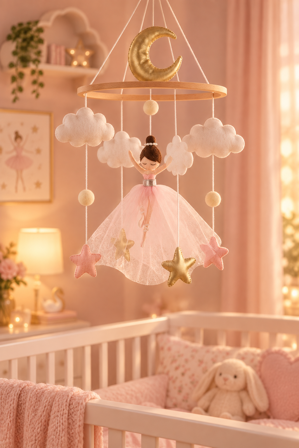 Ballerina, Moon &amp; Stars Felt Cot Mobile - Pink &amp; Gold