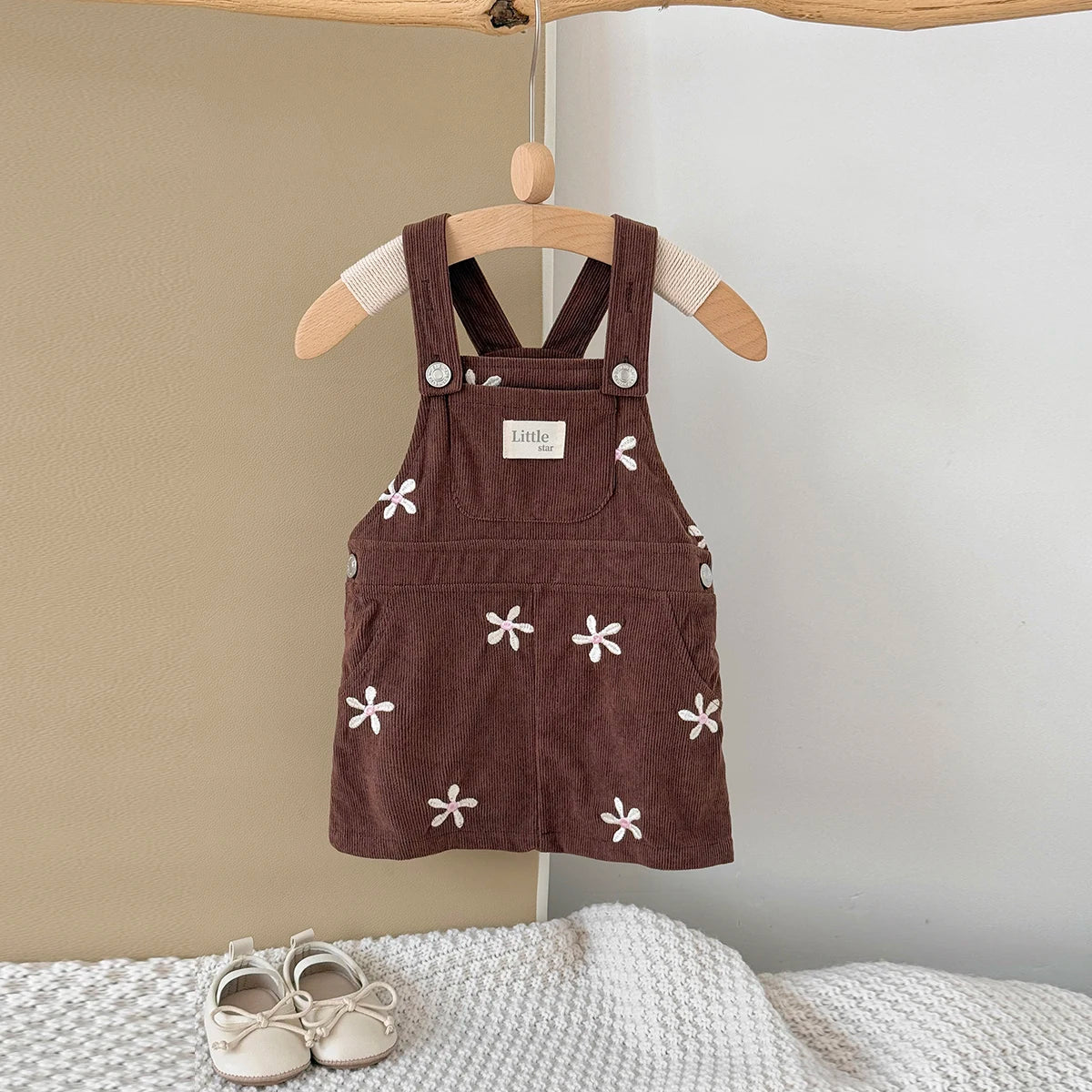 - Chocolate Corduroy Overall Dress – Embroidered Daisy Pinafore Baby Stork