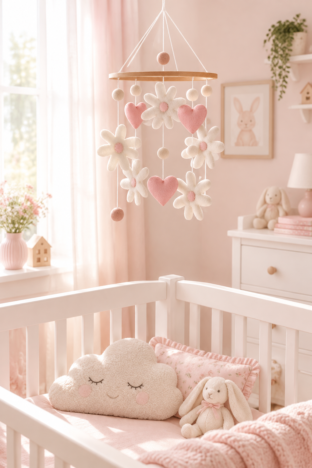 - Daisy & Hearts Felt Cot Mobile - Pink & Cream AE
