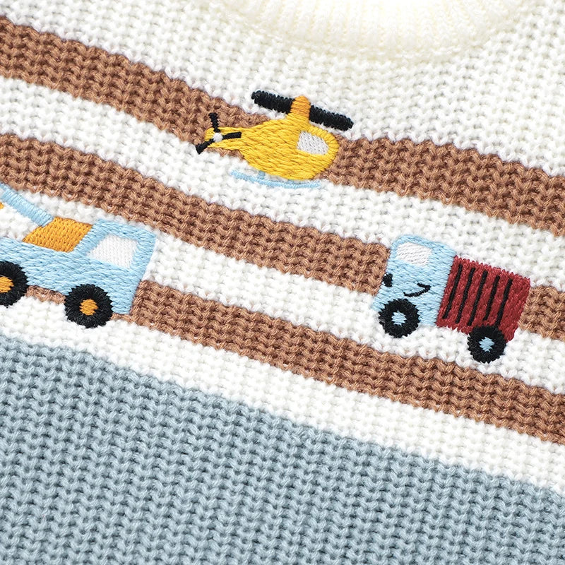 - Light Blue Vehicle Knit Sweater – Soft & Warm Striped Baby Jumper Baby Stork