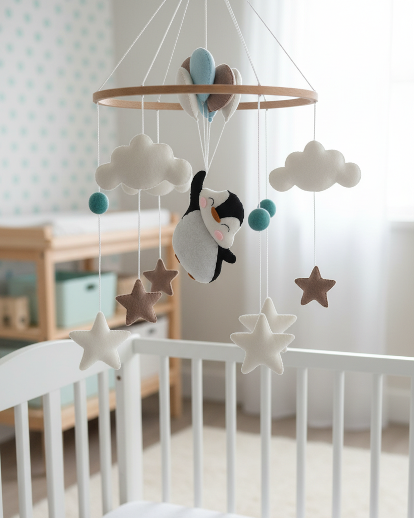 Penguin Baby Mobile with Balloons | Blue Nursery Mobile Decor