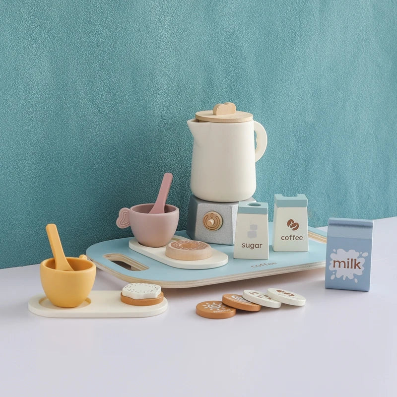 Baby Wooden Coffee Afternoon Tea Set Toy 18pcs Montessori Pretend Play Kitchen Set Baby Stork