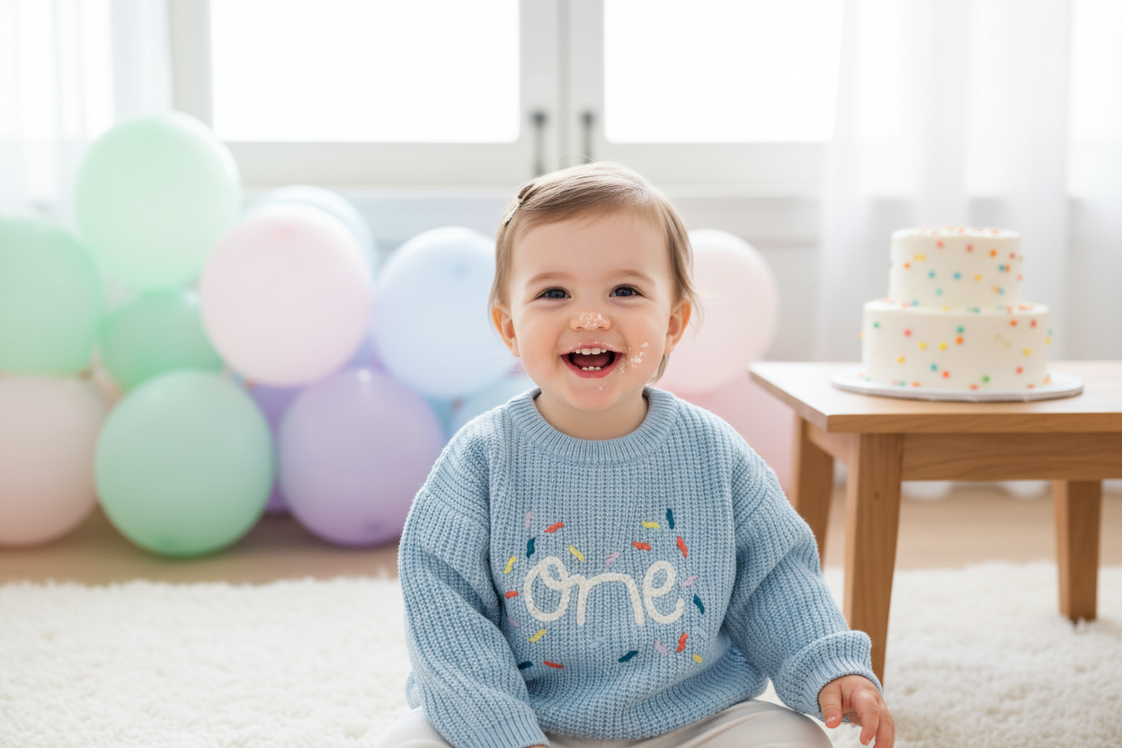 - Baby “One” Knit Birthday Sweater Baby Stork