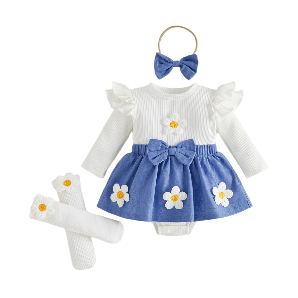 Floral Romper Dress Set with Headband &amp; Socks