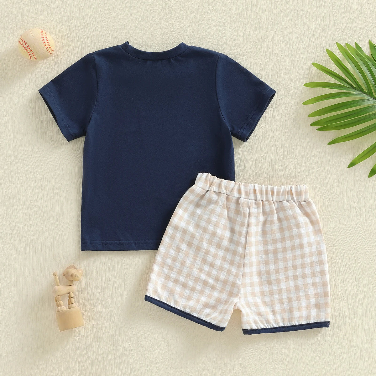 Dog &amp; Baseball Top with Checked Shorts Set