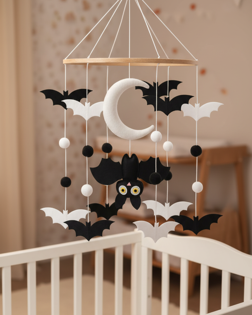 Bat Baby Mobile | Black &amp; White Moon Nursery Mobile