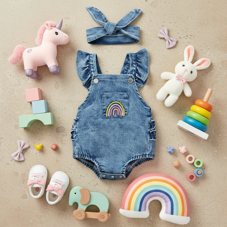 - Denim Rainbow Romper Set Baby Stork