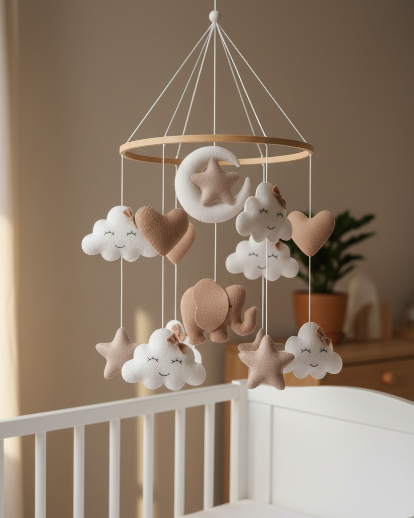 Elephant Baby Mobile | Neutral Nursery Mobile with Clouds, Moon &amp; Stars