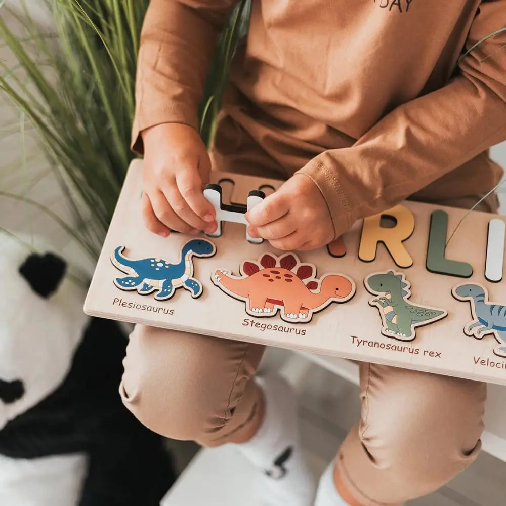 Boy holding personalised name puzzle of Dinosaurs - Baby Stork