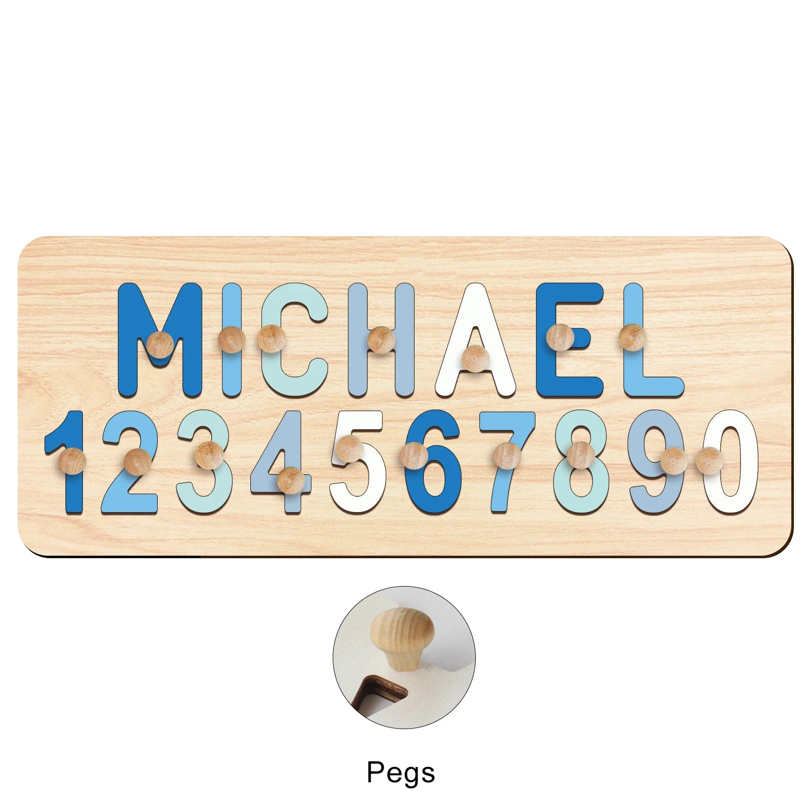 Ocean Blue With Pegs - Custom Wooden Name &amp; Number Puzzle – Personalised Educational Toy Baby Stork