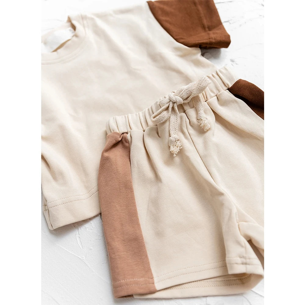 - Two-Tone Neutral Cotton Shorts + Romper Set Baby Stork
