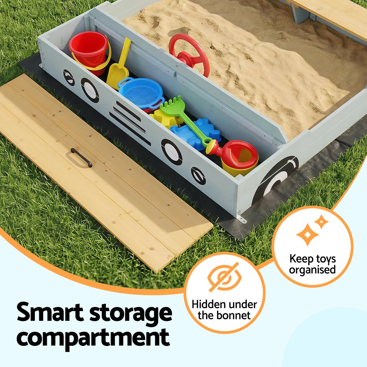 - Keezi Wooden Car Sandpit Kids Sandbox Outdoor Play Toy w/ Storage Ground Sheet 120cm Baby Stork Baby &amp; Kids > Baby &amp; Kid's Toys > Activity Toys