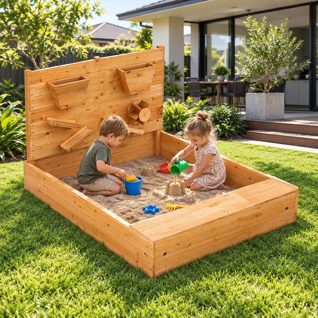 - Keezi Wooden Sandpit with Funnel Wall & Cover - 120cm Keezi Baby & Kids > Baby & Kid's Toys > Outdoor Play Equipment