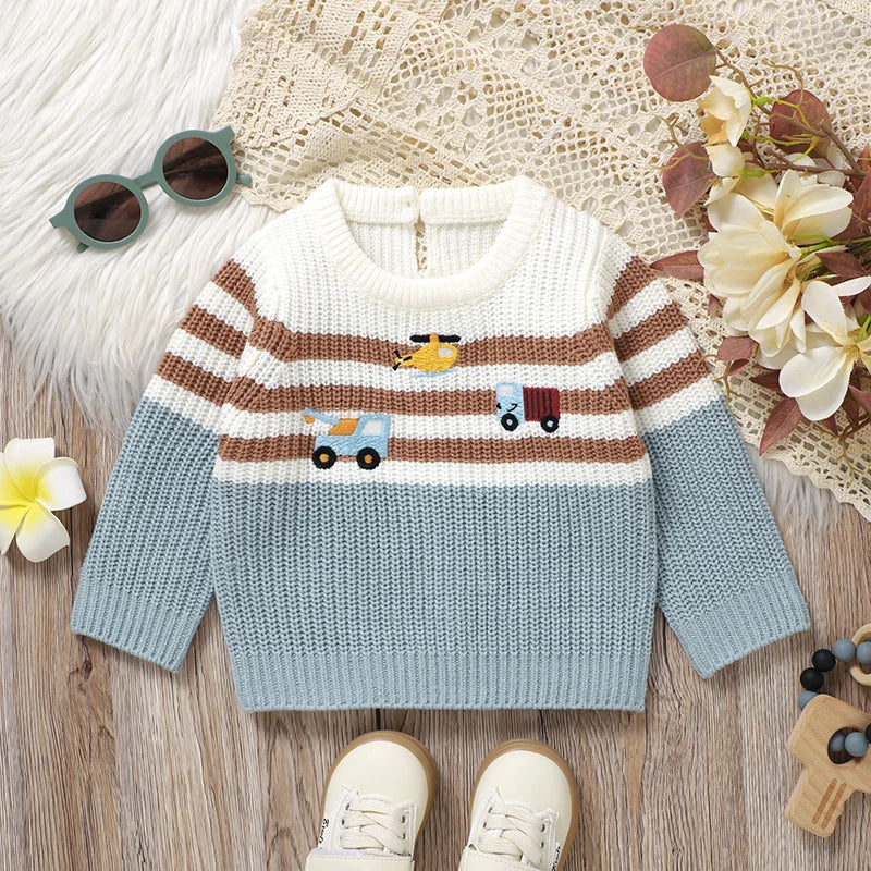 - Light Blue Vehicle Knit Sweater – Soft & Warm Striped Baby Jumper Baby Stork