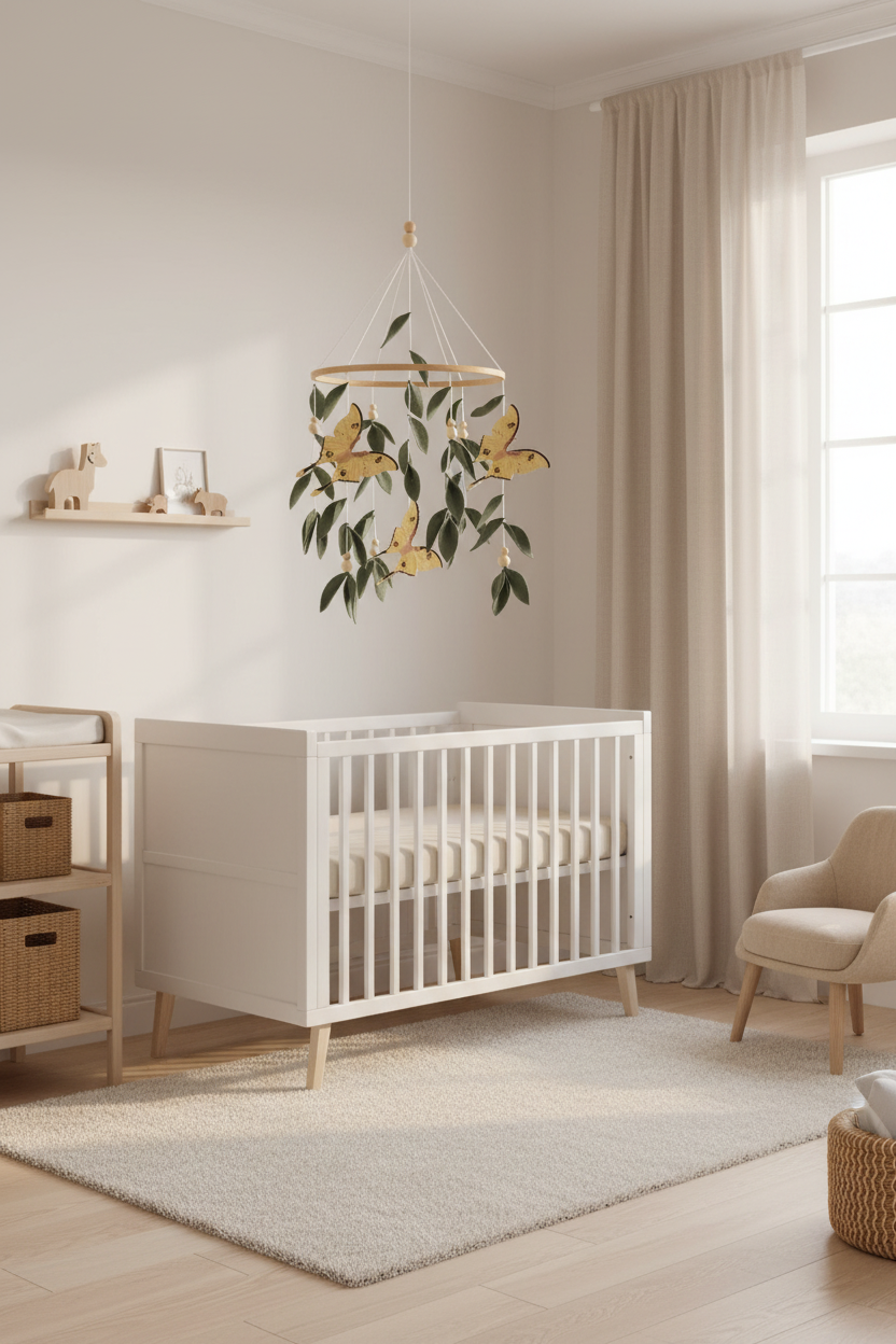 Butterfly Baby Mobile with Green Leaves | Nature Nursery Decor