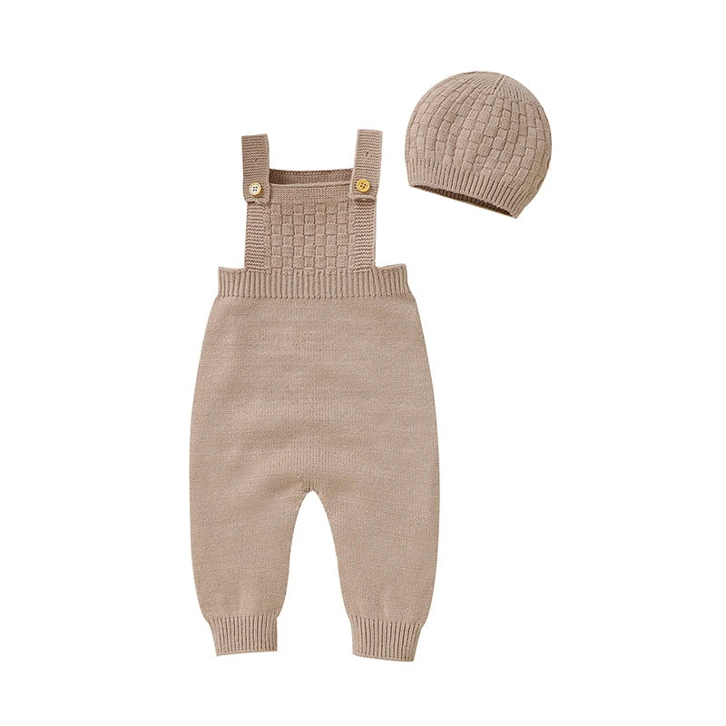 Beige - Knit Baby Overalls & Hat Set Baby Stork