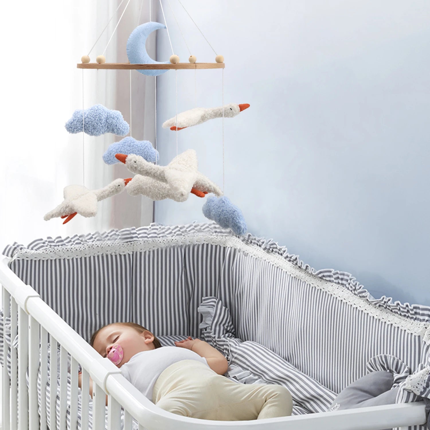 Goose Baby Mobile | Bouclé Goose Nursery Mobile with Clouds &amp; Moon