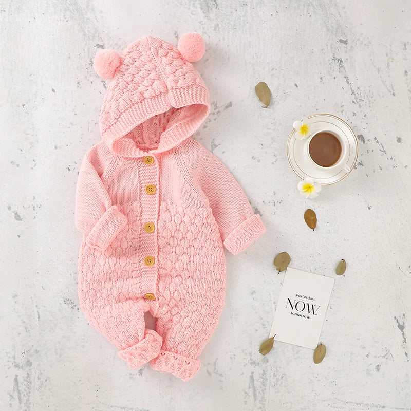 Light Pink - Baby Bear Hooded Knit Jumpsuit Baby Stork