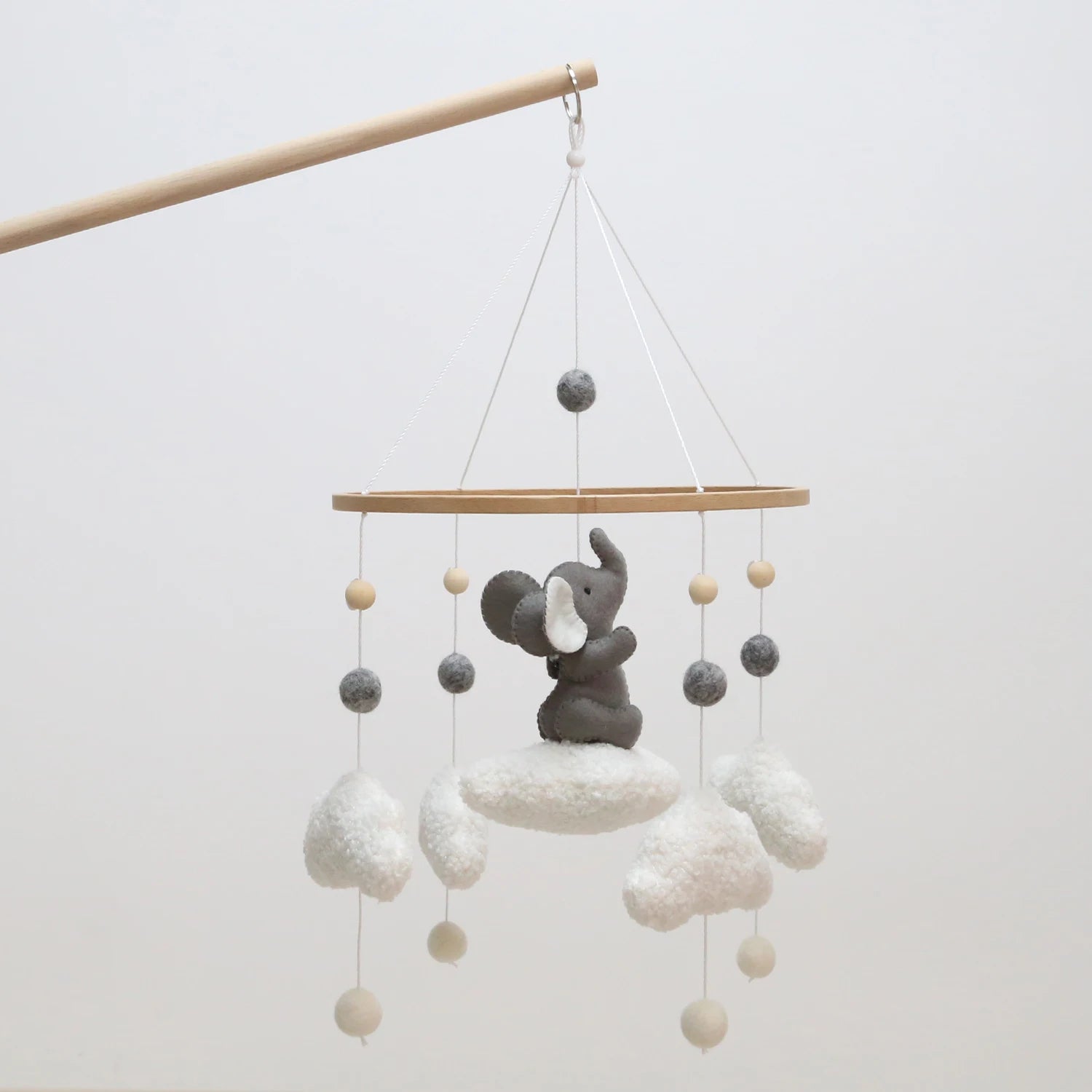 Elephant Baby Mobile with Bouclé Clouds | Neutral Nursery Decor