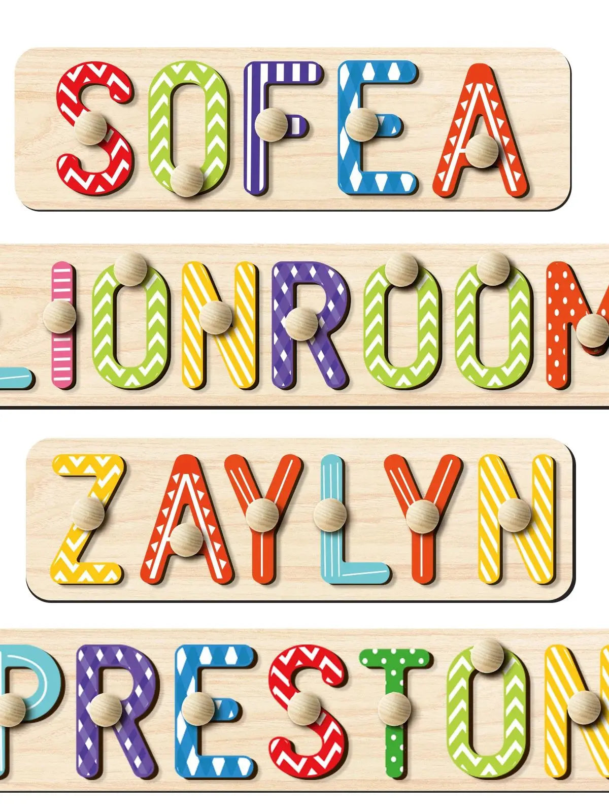 - Custom Wooden Name Puzzle with Pegs – Colourful Letters Baby Stork