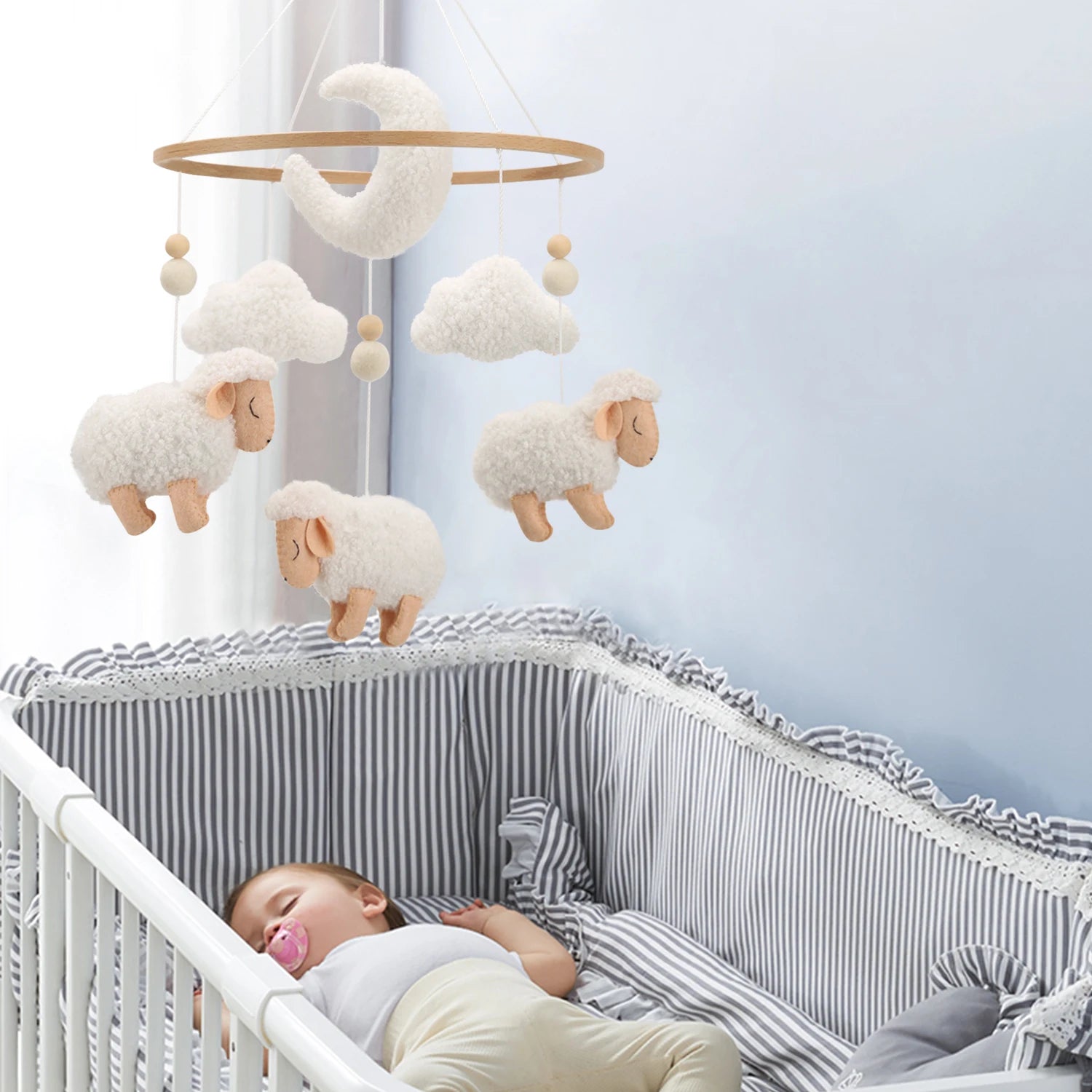 Bouclé Sheep Baby Mobile | Neutral Nursery Mobile with Sheep, Moon &amp; Clouds