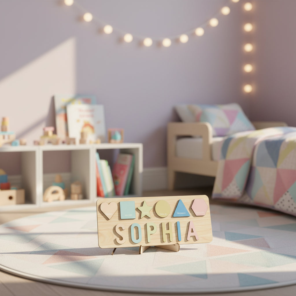 - Personalised Name & Shape Puzzle Display – Custom Wooden Montessori Toy, 4 Colour Palettes Baby Stork Puzzles