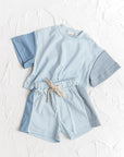 - Two-Tone Cool Blue Cotton Shorts + Romper Set Baby Stork