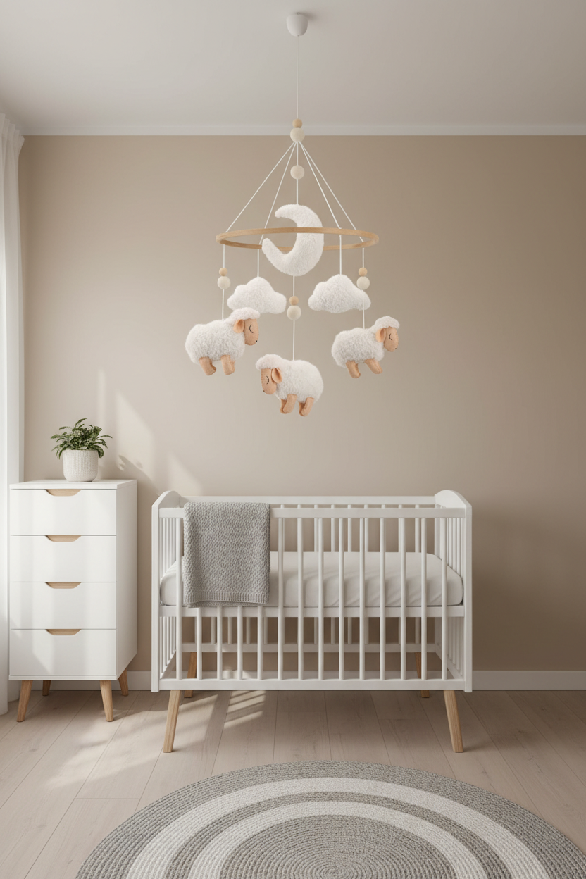 Bouclé Sheep Baby Mobile | Neutral Nursery Mobile with Sheep, Moon &amp; Clouds