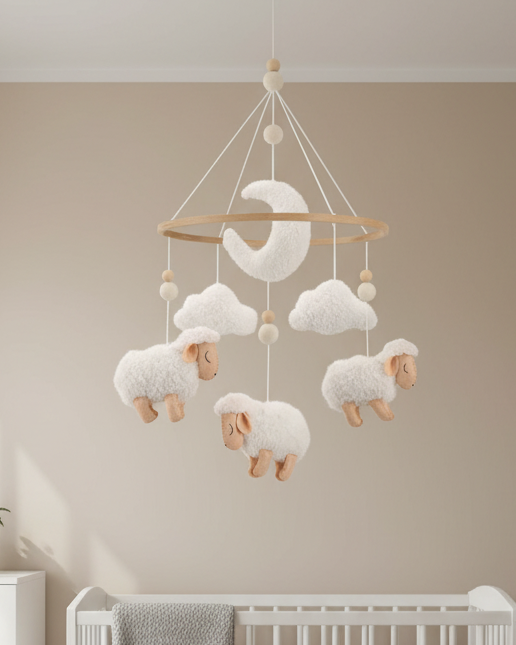 Bouclé Sheep Baby Mobile | Neutral Nursery Mobile with Sheep, Moon &amp; Clouds